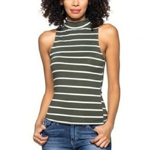 Olive Striped Mock Neck Sleeveless Top